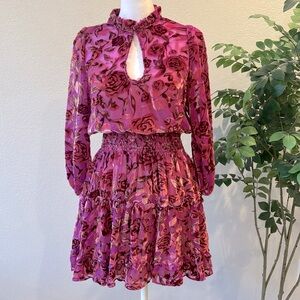 OPT Pink Velvet Floral Mock Neck Long Sleeve Tiered Mini Dress Size Extra Small